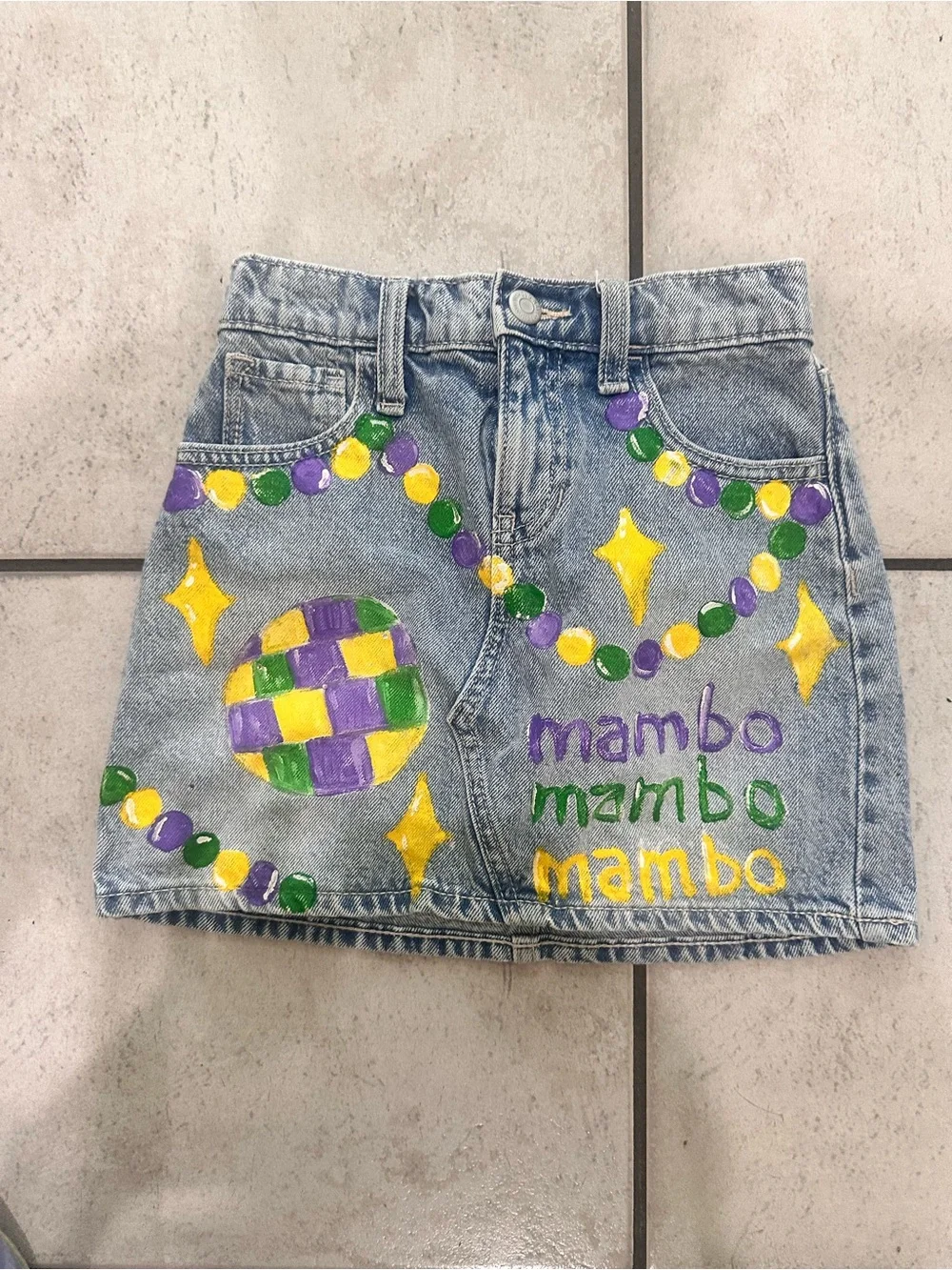 Hand-Painted Denim Skirt with Mardi Gras Motif Mardi Gras Mambo Kids
